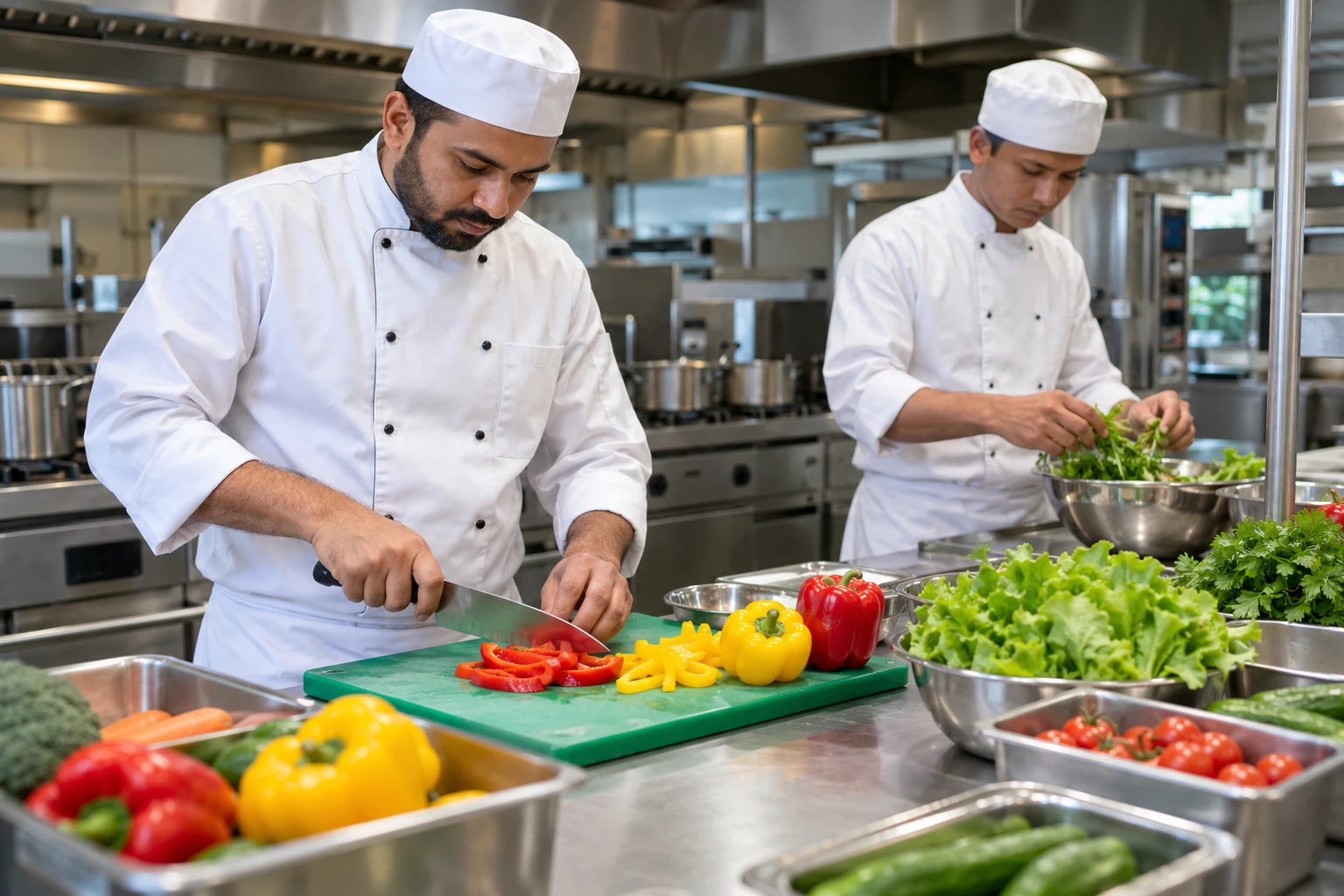 Chef and cook preparing vegetables in a commercial kitchen