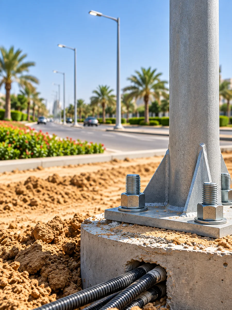 Street-light pole base with anchor bolts and cable conduits