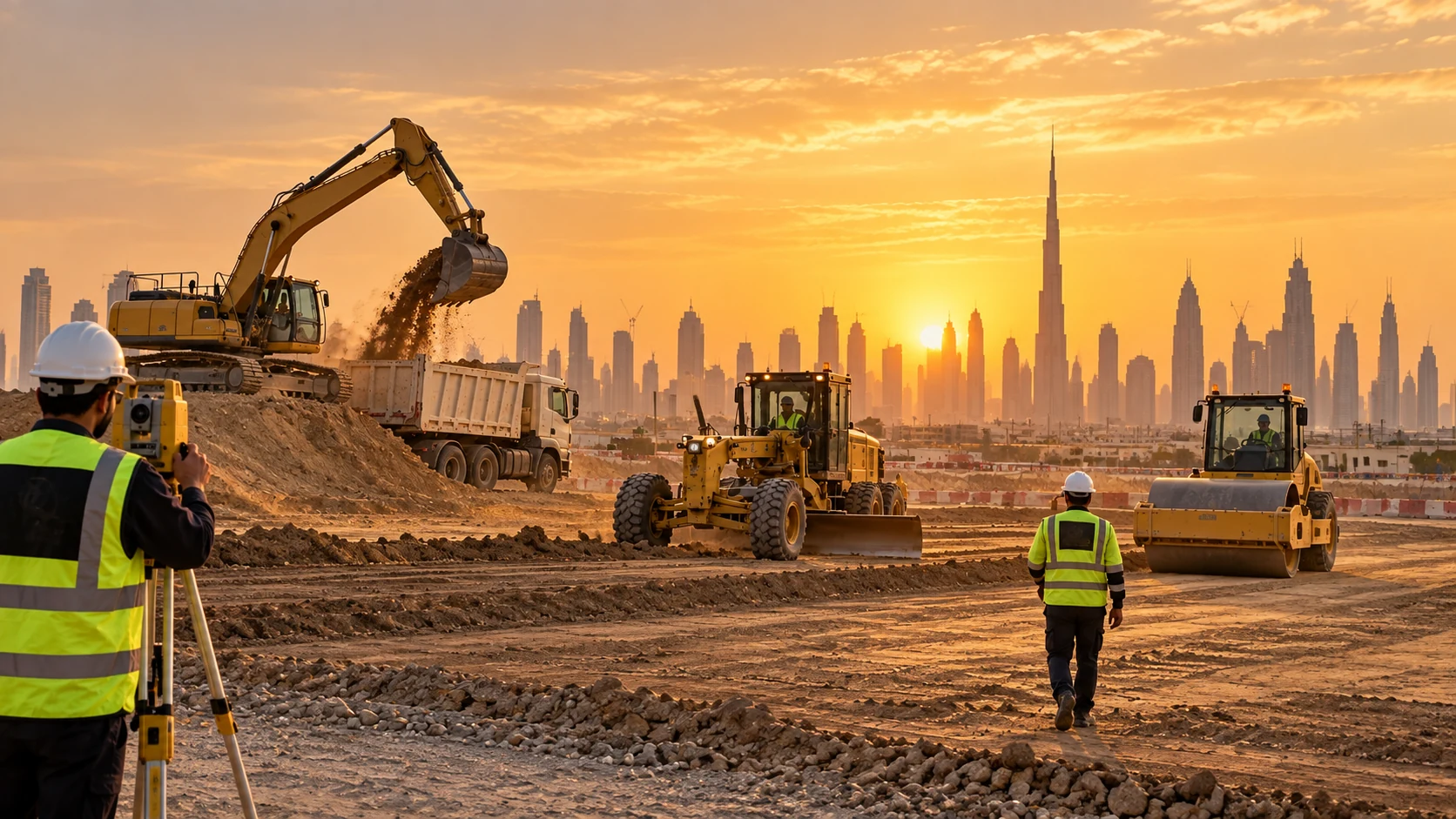 Yellow Power earthwork and site-preparation scene at sunset in Dubai